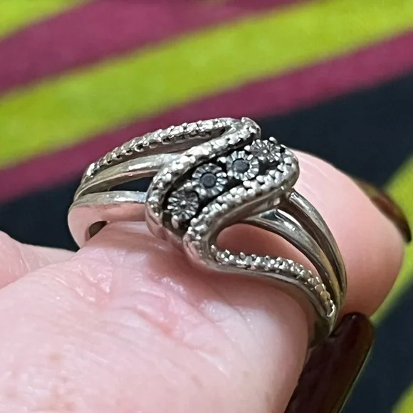 VTG JWBR Signed Black Diamond Chip Sterling Silver 925 Size 6 Estate Ring - Picture 8 of 8
